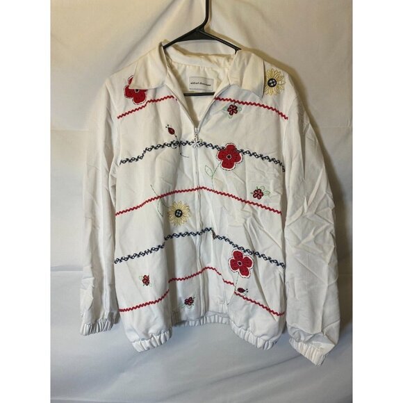 ALFRED DUNNER WOMENS SIZE 8 WHITE JACKET ZIP UP LADYBUGS FLOWERS quirky - Picture 1 of 2